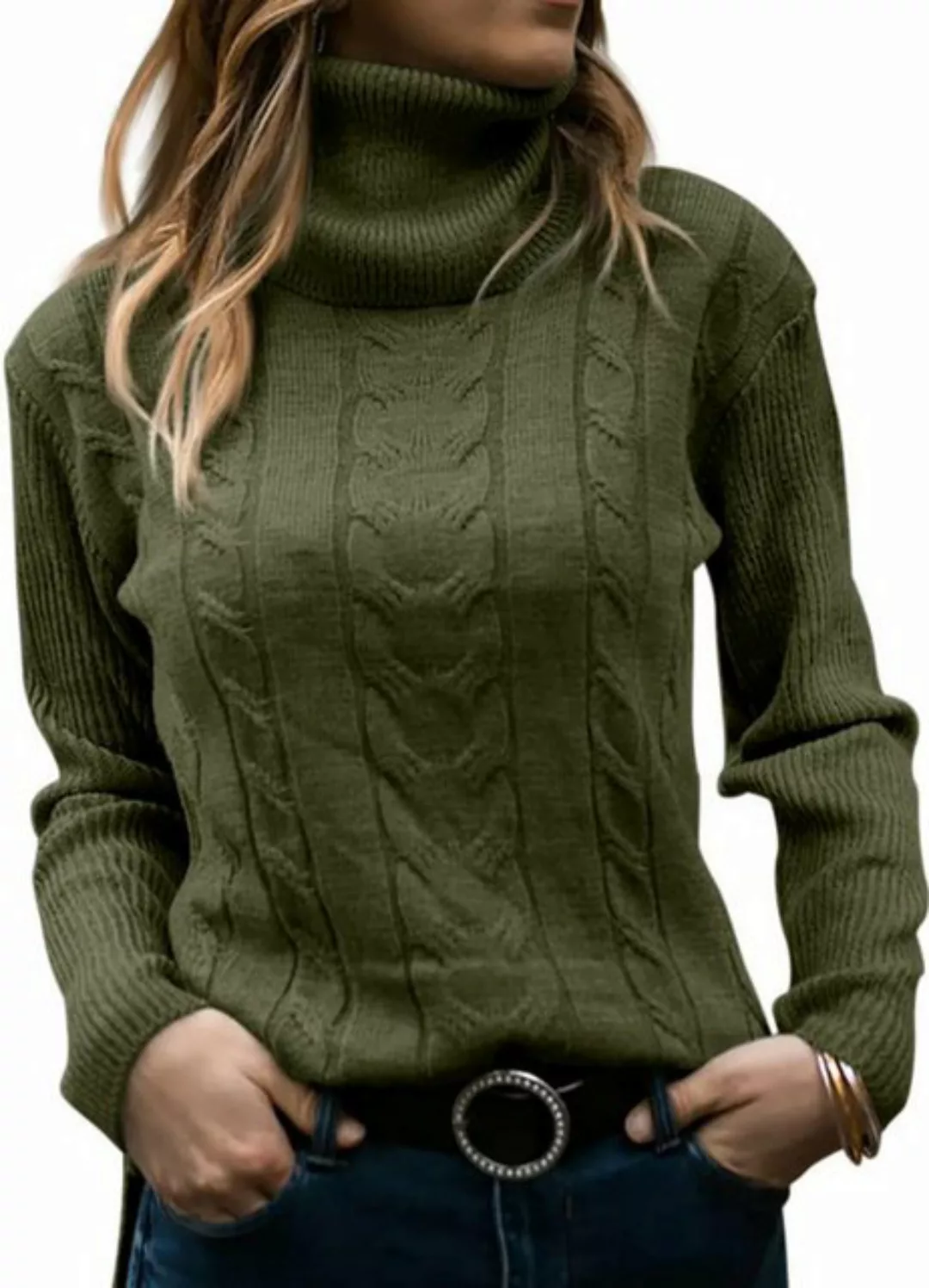 Opspring Rollkragenpullover Pullover Damen Rollkragenshirt Cable Knit Elega günstig online kaufen