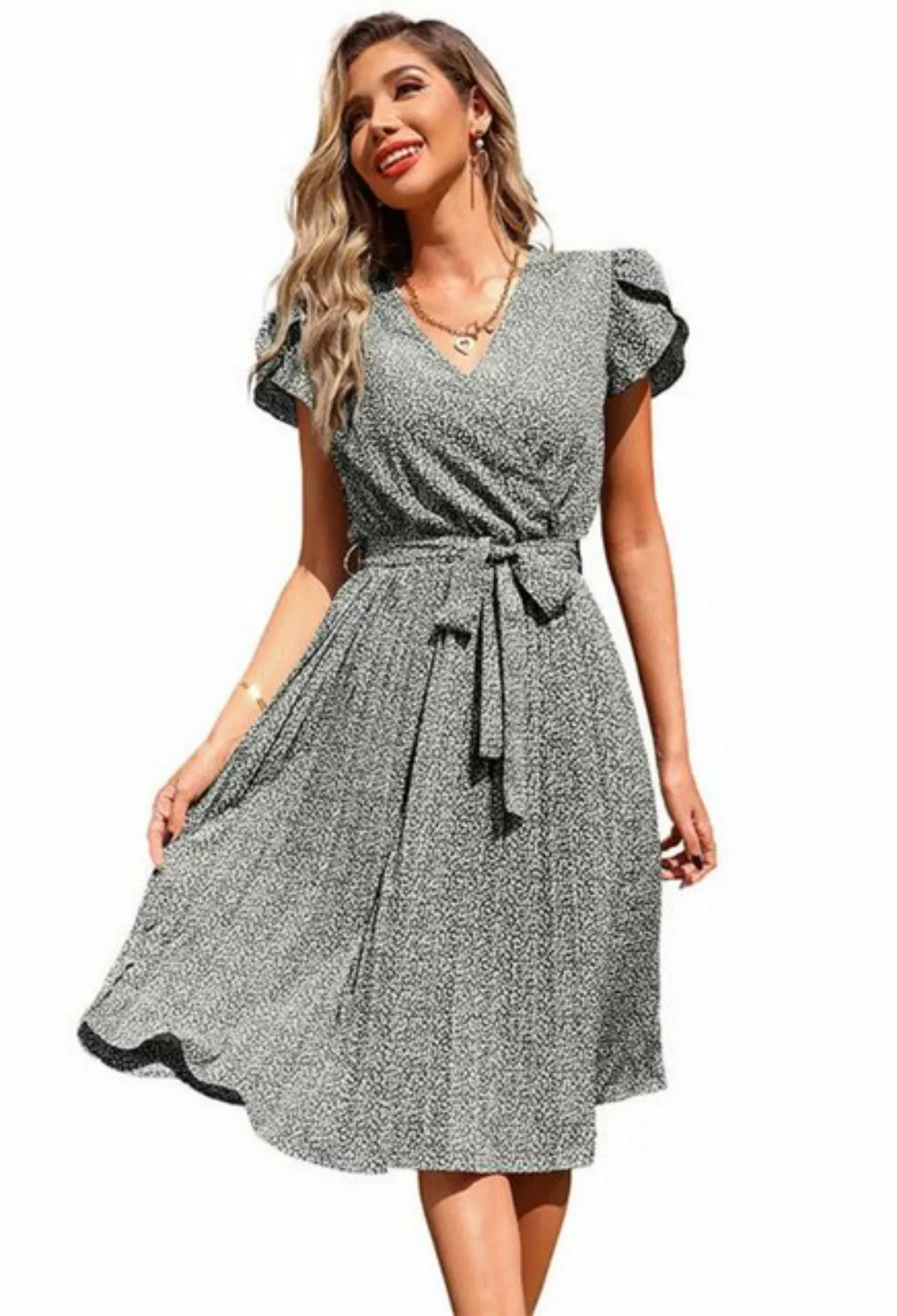 CHENIN Sommerkleid Bedruckte Sommerkleider mit plissiertem V-Ausschnitt Läs günstig online kaufen