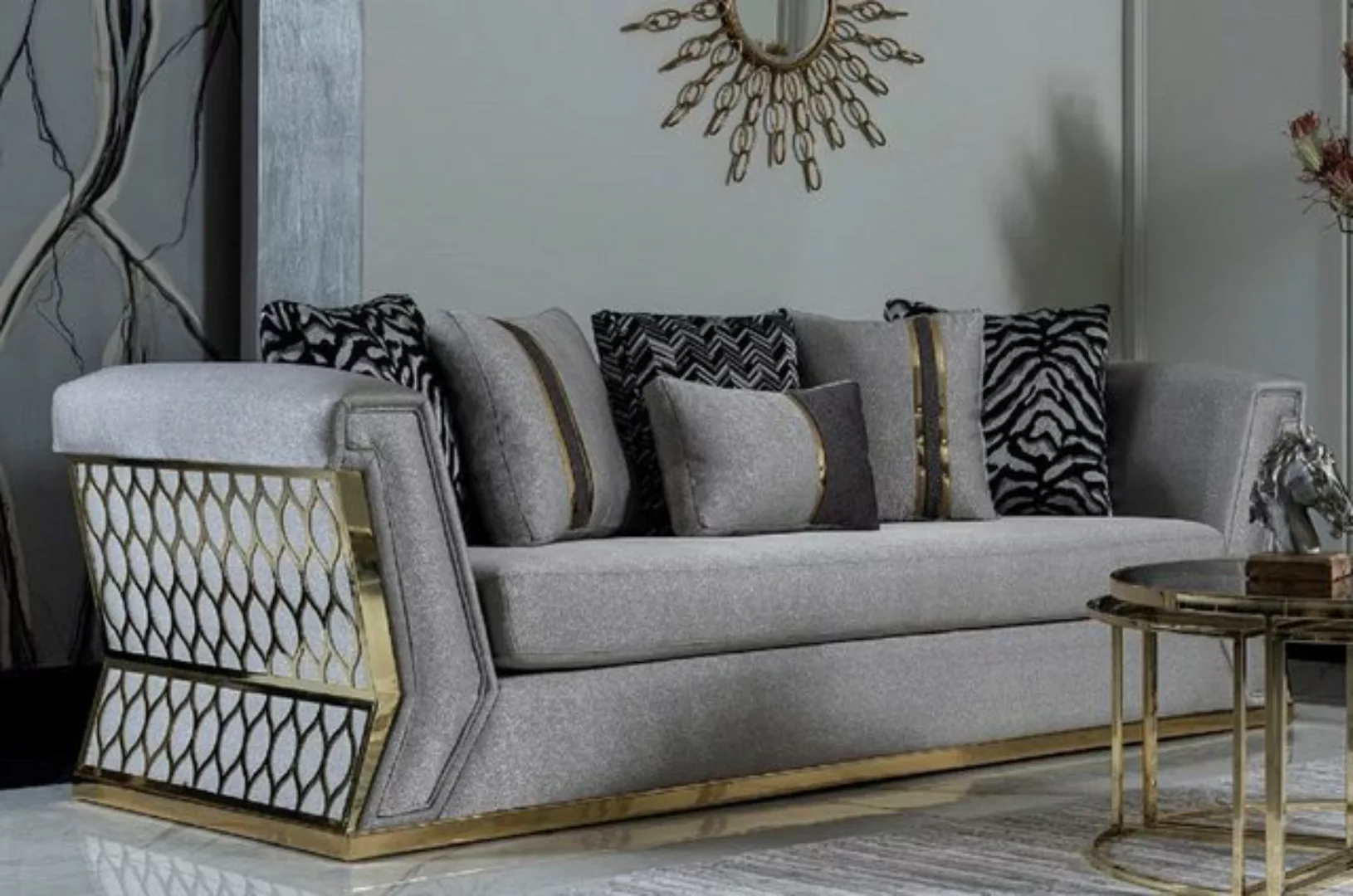 Casa Padrino Sofa Luxus Sofa Grau / Gold - Elegantes Wohnzimmer Sofa mit de günstig online kaufen