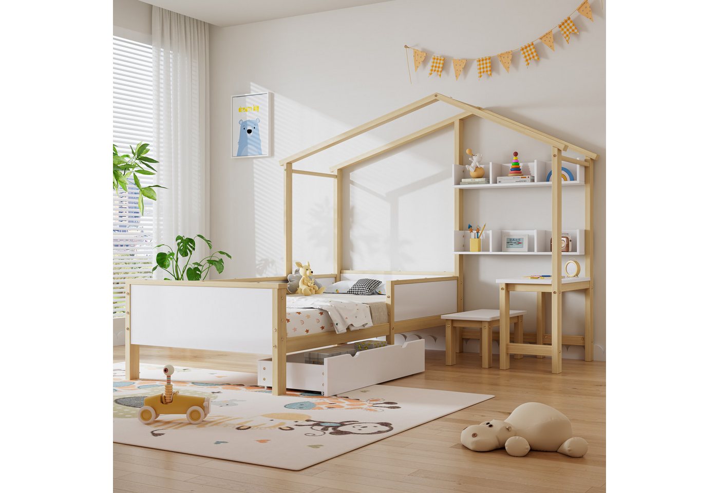 Ulife Hausbett Kinderbett in Hausform mit Schreibtisch Hocker Regale und Sc günstig online kaufen