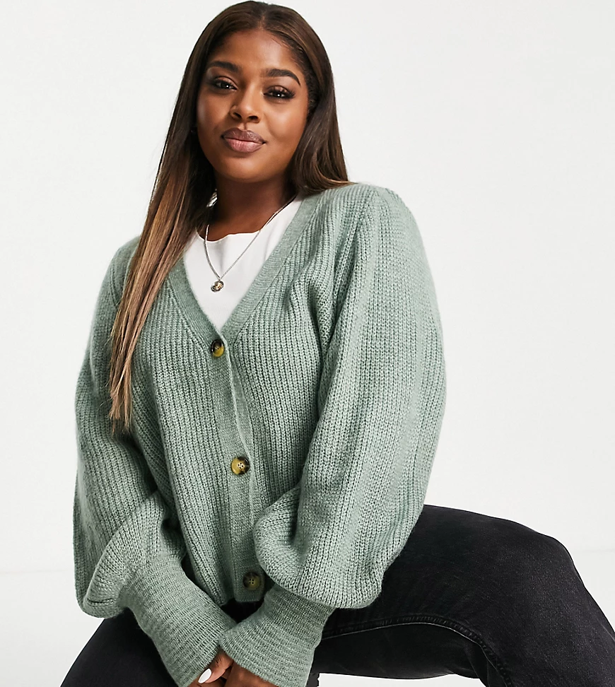 Only Curve – Strickjacke mit Ballonärmeln in Grün günstig online kaufen