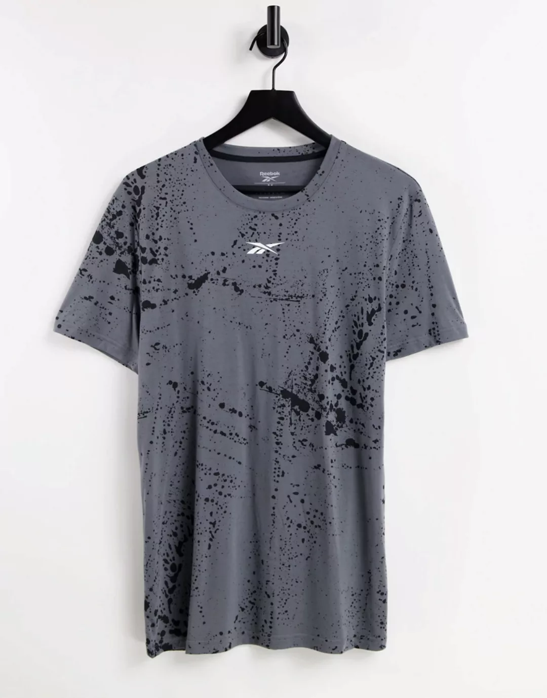 Reebok – Training – T-Shirt in Grau mit Tintenklecksmuster günstig online kaufen