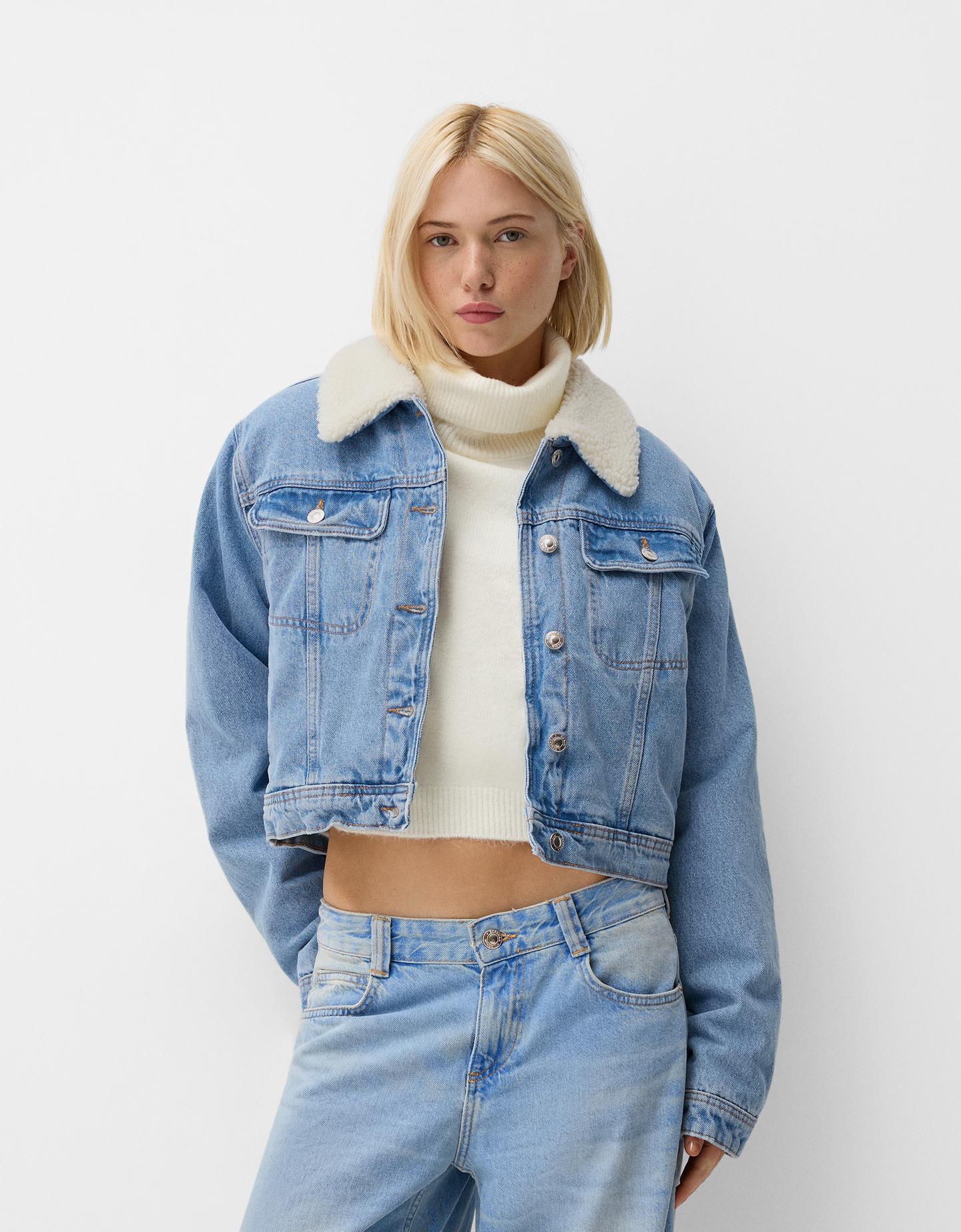 Bershka Jeansjacke Mit Kragen Aus Lammfellimitat Damen L Ausgewaschenes Bla günstig online kaufen