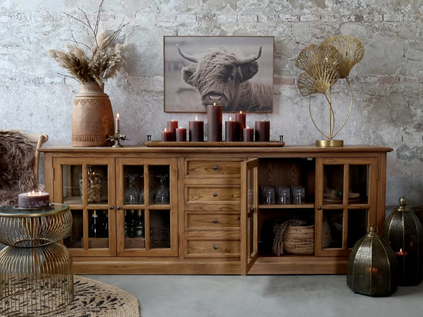 Annimuck Standvitrine Chic Antique Kommode Sideboard Vintage natur H80/L220 günstig online kaufen