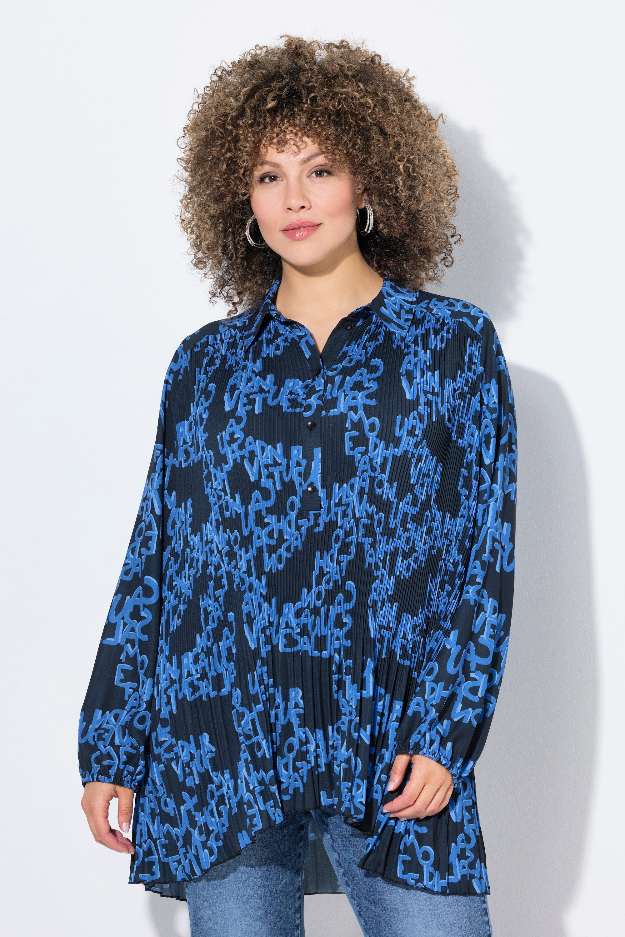 Ulla Popken Longbluse Plissee-Bluse Schriftmuster A-Linie günstig online kaufen