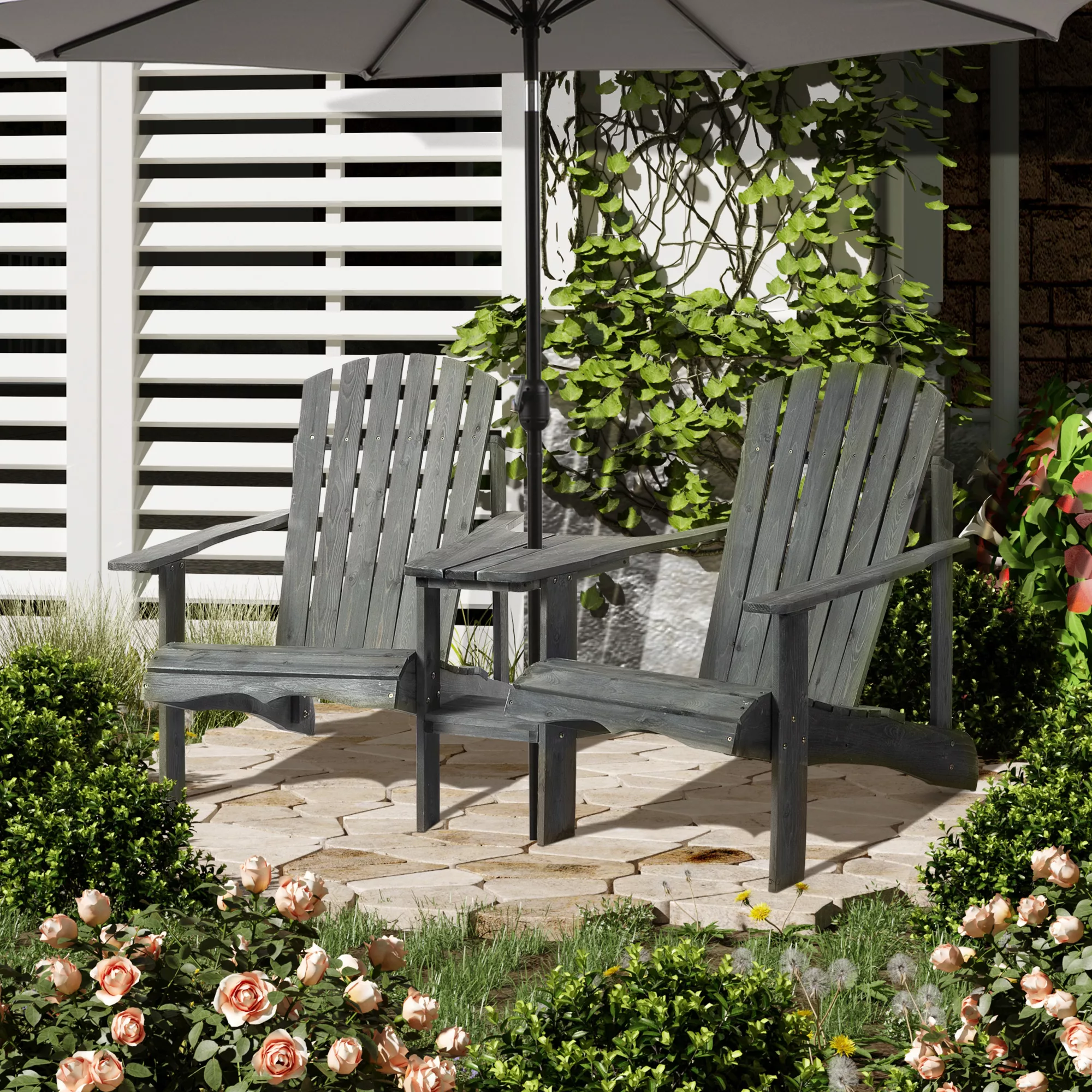 Outsunny Adirondack Gartenstuhl mit Tisch und Schirmloch 2 Sitzer Gartenses günstig online kaufen