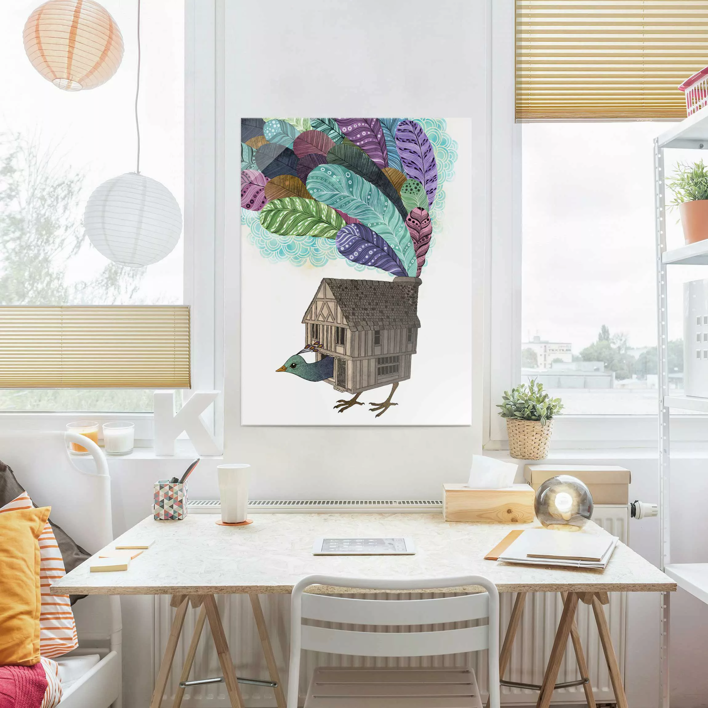 Glasbild - Hochformat Illustration Vogel Haus mit Federn günstig online kaufen