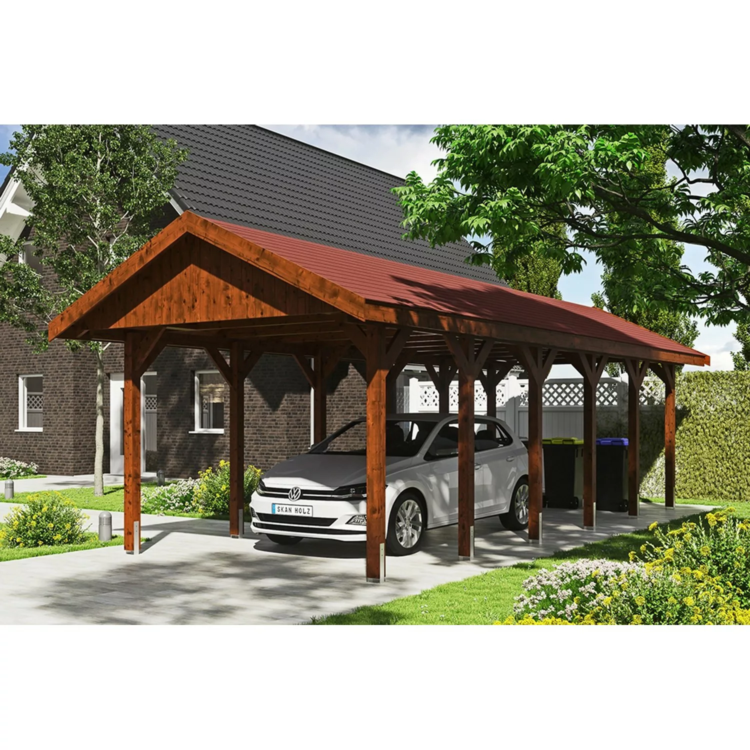 Satteldach-Carport Wallgau Nussbaum 380 x 900 cm rote Schindeln günstig online kaufen