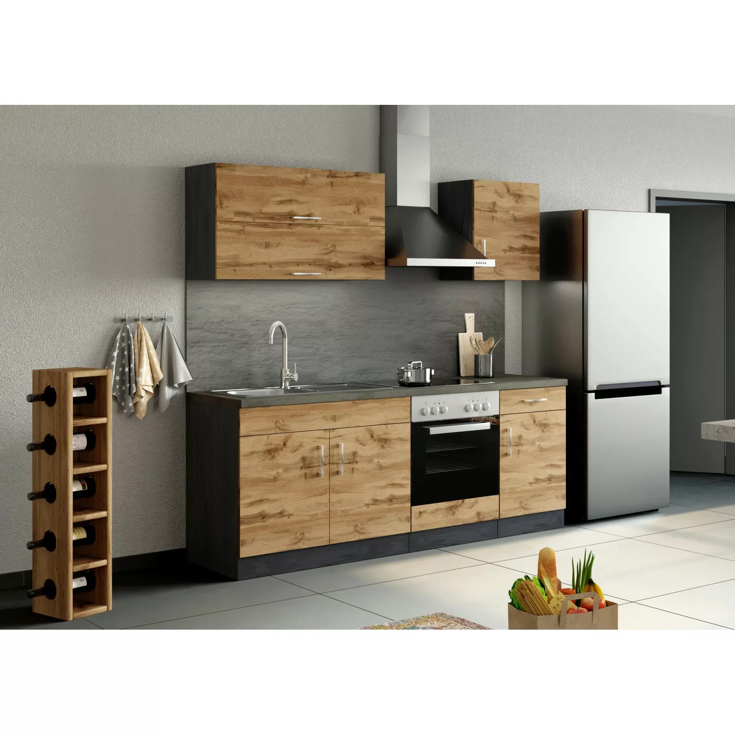 Held Möbel Küchenzeile Sorrento 210 cm Wotaneiche-Grafit ohne E-Geräte günstig online kaufen