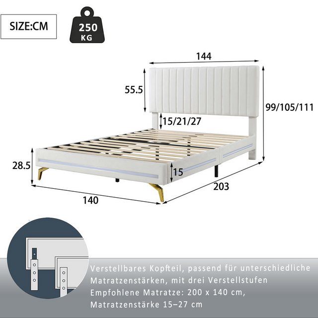 Ulife Polsterbett Doppelbett 140 x 200 cm mit LED-Leuchten, verstellbarem K günstig online kaufen
