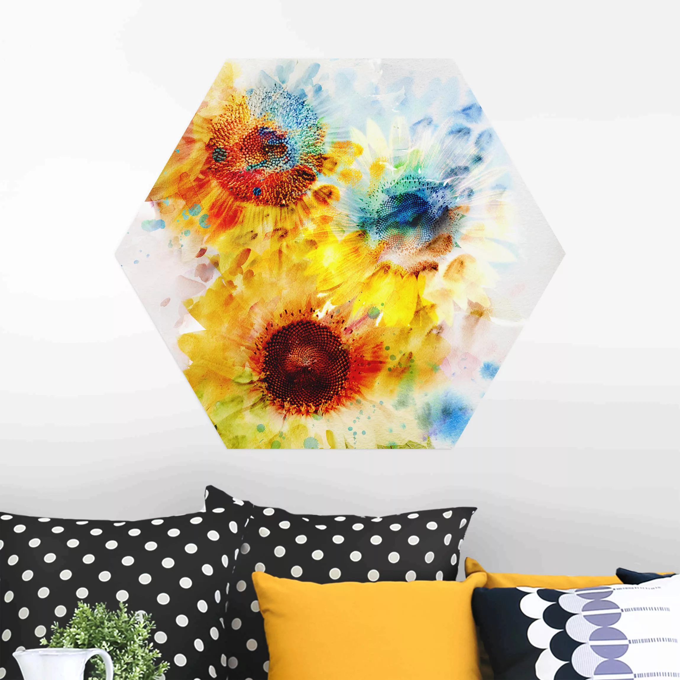 Hexagon-Alu-Dibond Bild Blumen Aquarell Blumen Sonnenblumen günstig online kaufen