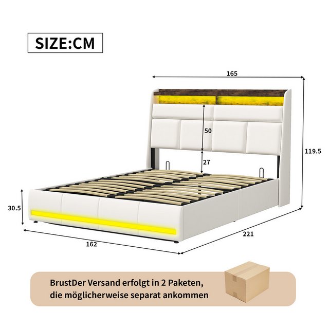 FUROKOY Polsterbett Doppelbett Stauraumbett Hydraulisch anhebbarer mit LED günstig online kaufen