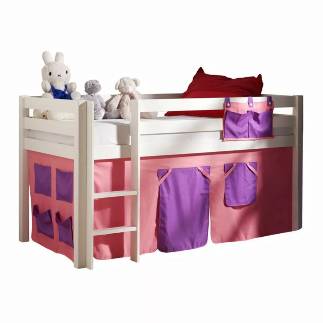 Hochbett Kinderzimmer PINOO-12 mit Textilset Bella in Kiefer massiv weiß la günstig online kaufen