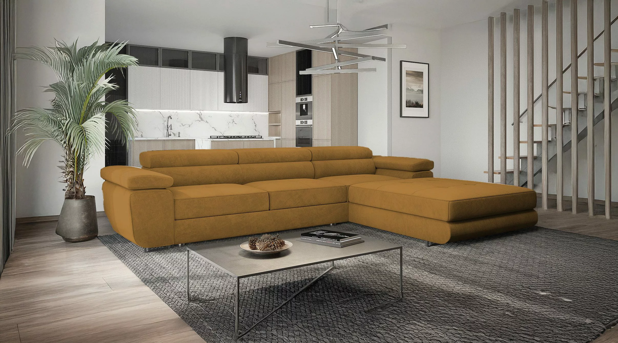 Goldstoff Ecksofa mit Schlaffunktion und Bettkasten, günstig online kaufen
