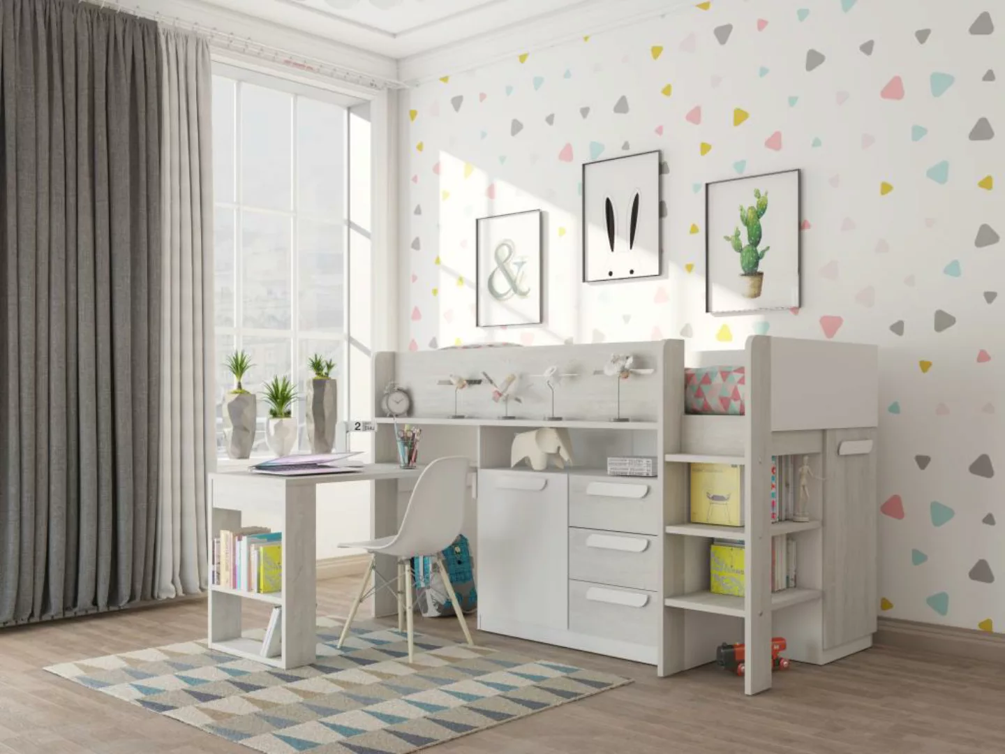 Hochbett mit Schreibtisch & Stauraum - 90 x 200 cm - Naturfarben & Weiß - L günstig online kaufen