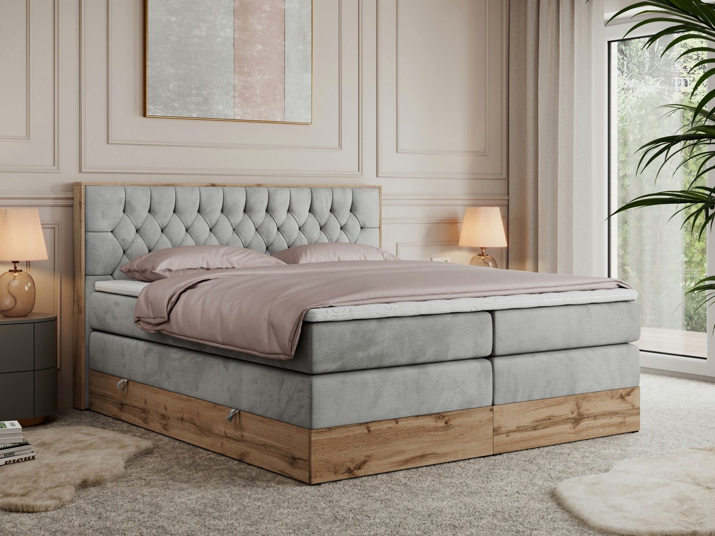 DB-Möbel Boxspringbett "KING LETTO" (Holzrahmen in Eiche-Optik, Topper T-25 günstig online kaufen