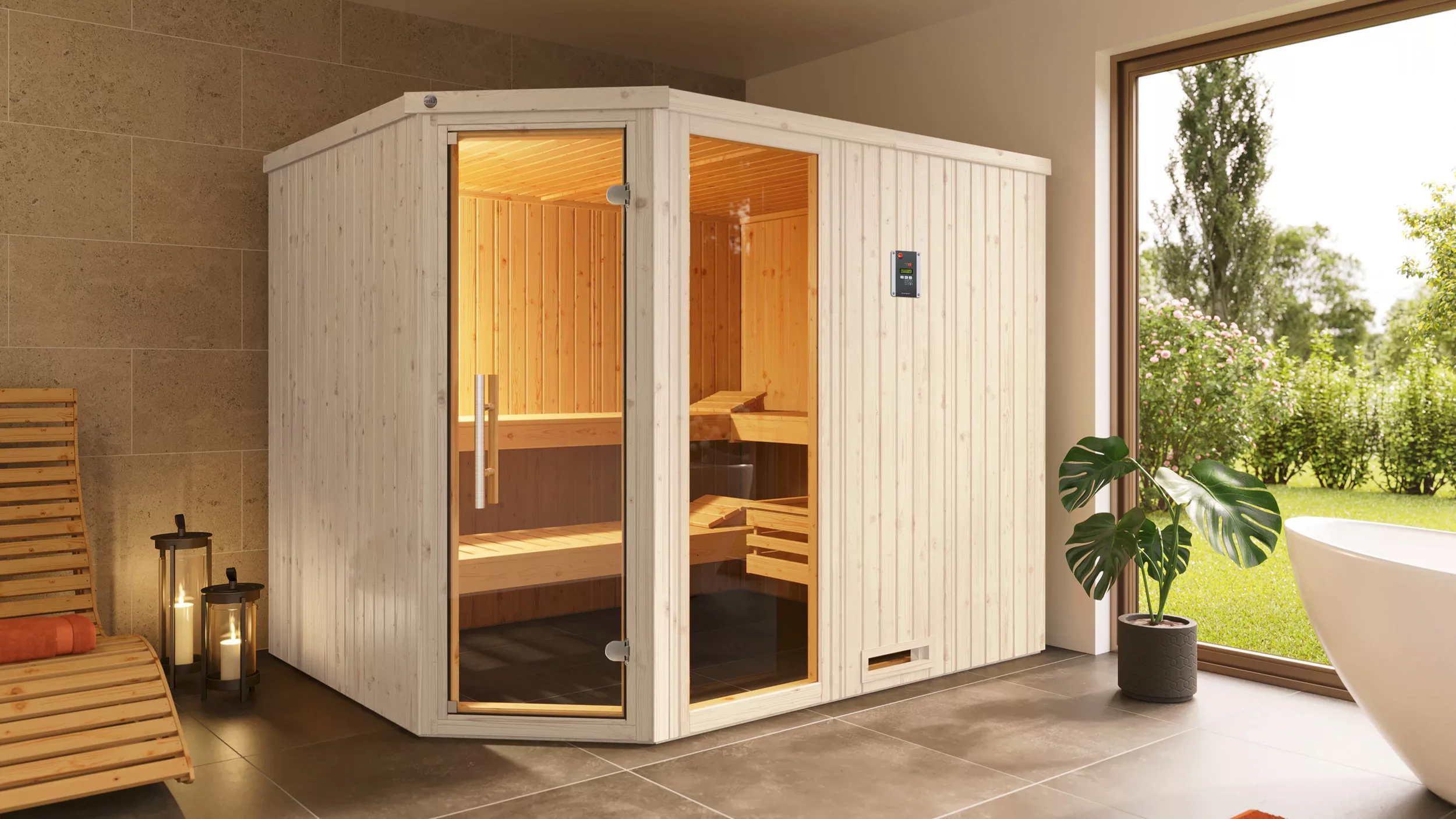 Weka Elementsauna Varberg Trend 4 Weiß Sparset 9 kW Kompakt Glastür/Fenster günstig online kaufen