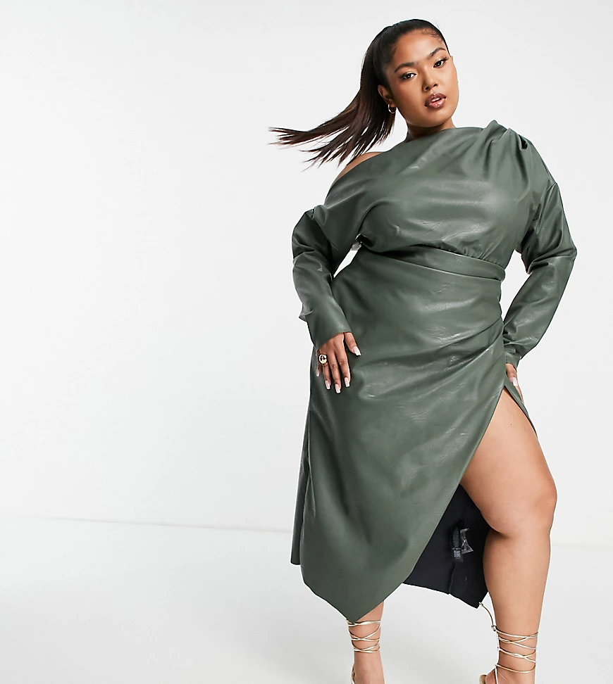 ASOS DESIGN Curve – Schulterfreies Midikleid aus PU mit Biesen am Oberteil- günstig online kaufen