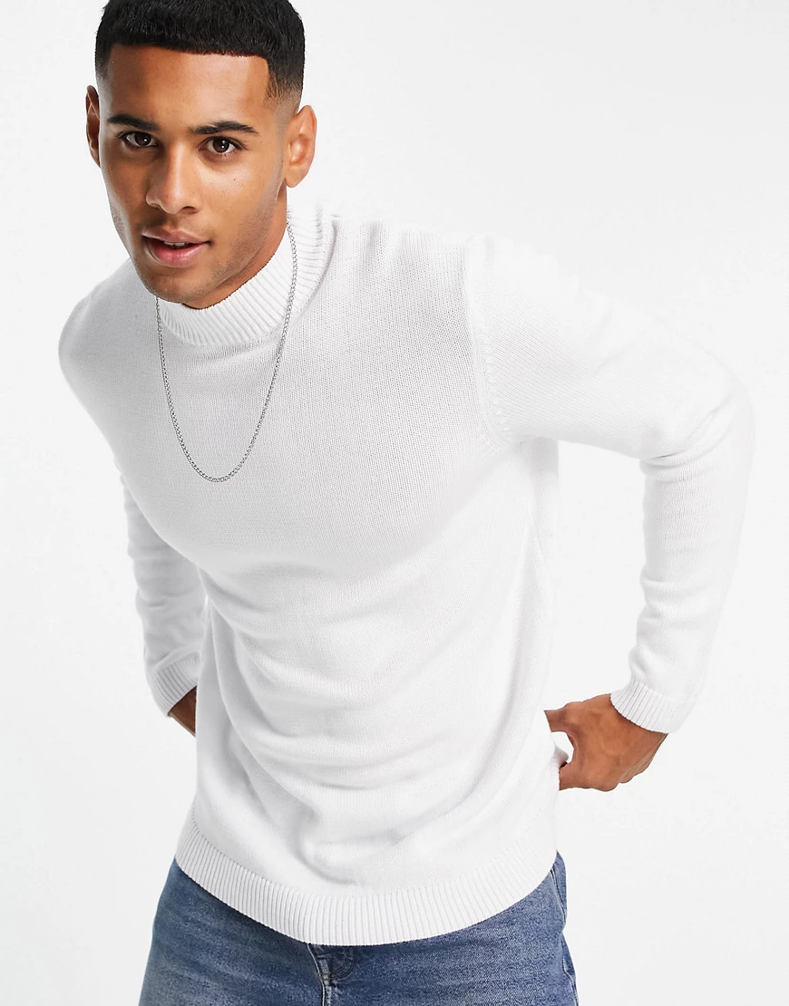 ASOS DESIGN – Pullover aus mittelschwerer Baumwolle in Weiß mit Stehkragen günstig online kaufen