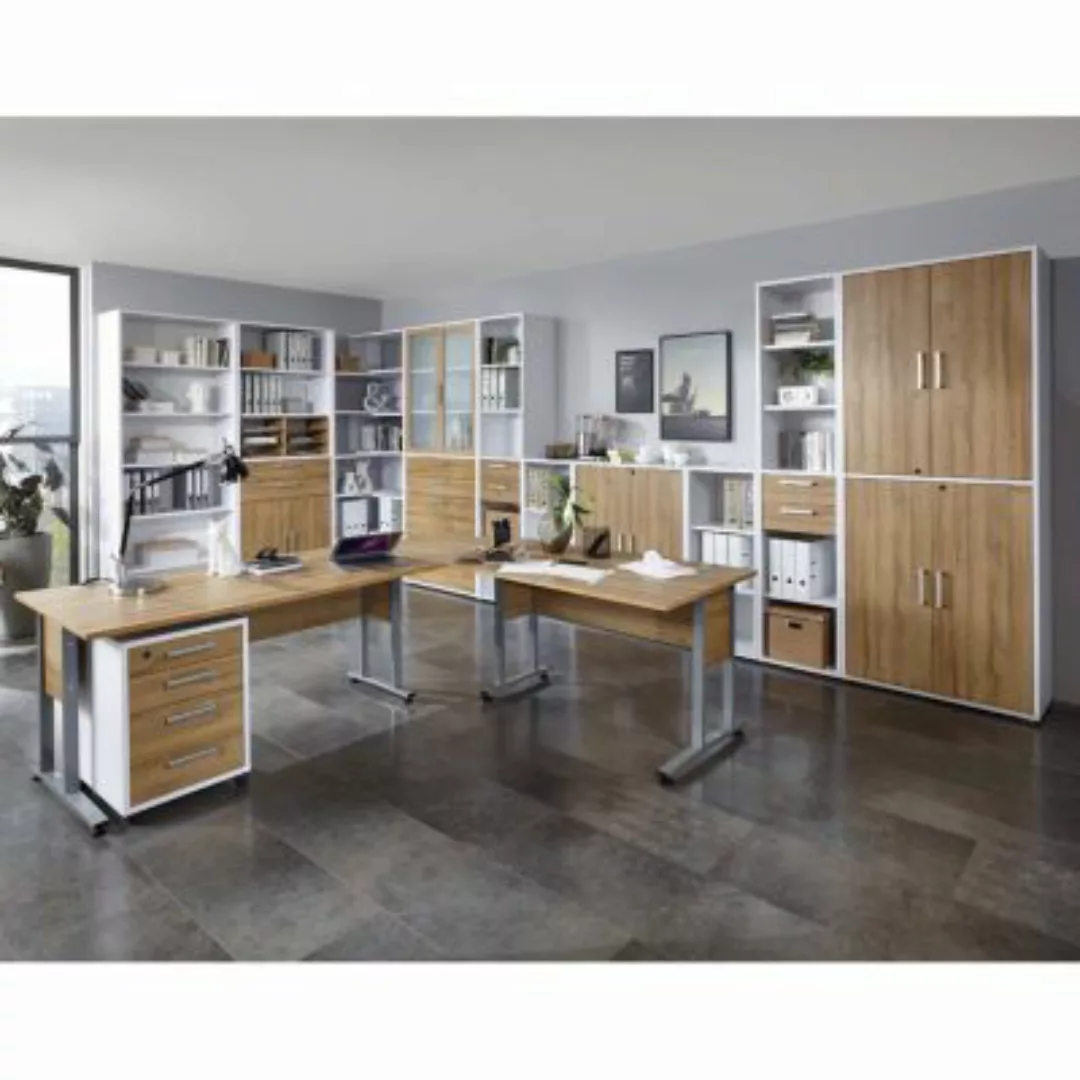 Lomadox Komplett Büromöbel Set COLUMBUS-10 in Brilliantweiß matt & Alteiche günstig online kaufen
