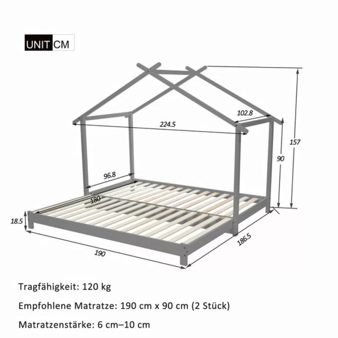 Ulife Kinderbett Hausbett ausziehbar 90 /180 x 190cm, Massivholz günstig online kaufen