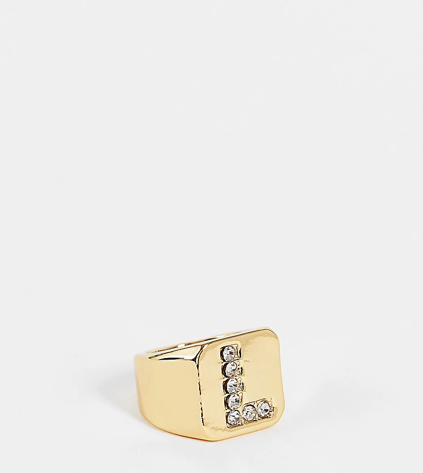 ASOS DESIGN – 14-karätig vergoldeter Ring mit L-Anfangsbuchstabe-Goldfarben günstig online kaufen