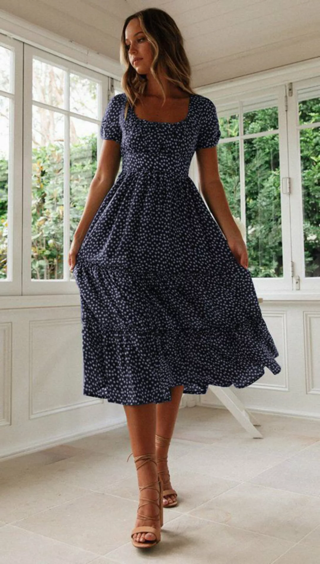 KIKI Druckkleid Geblümtes Damenkleid mit Puffärmeln und quadratischem Aussc günstig online kaufen
