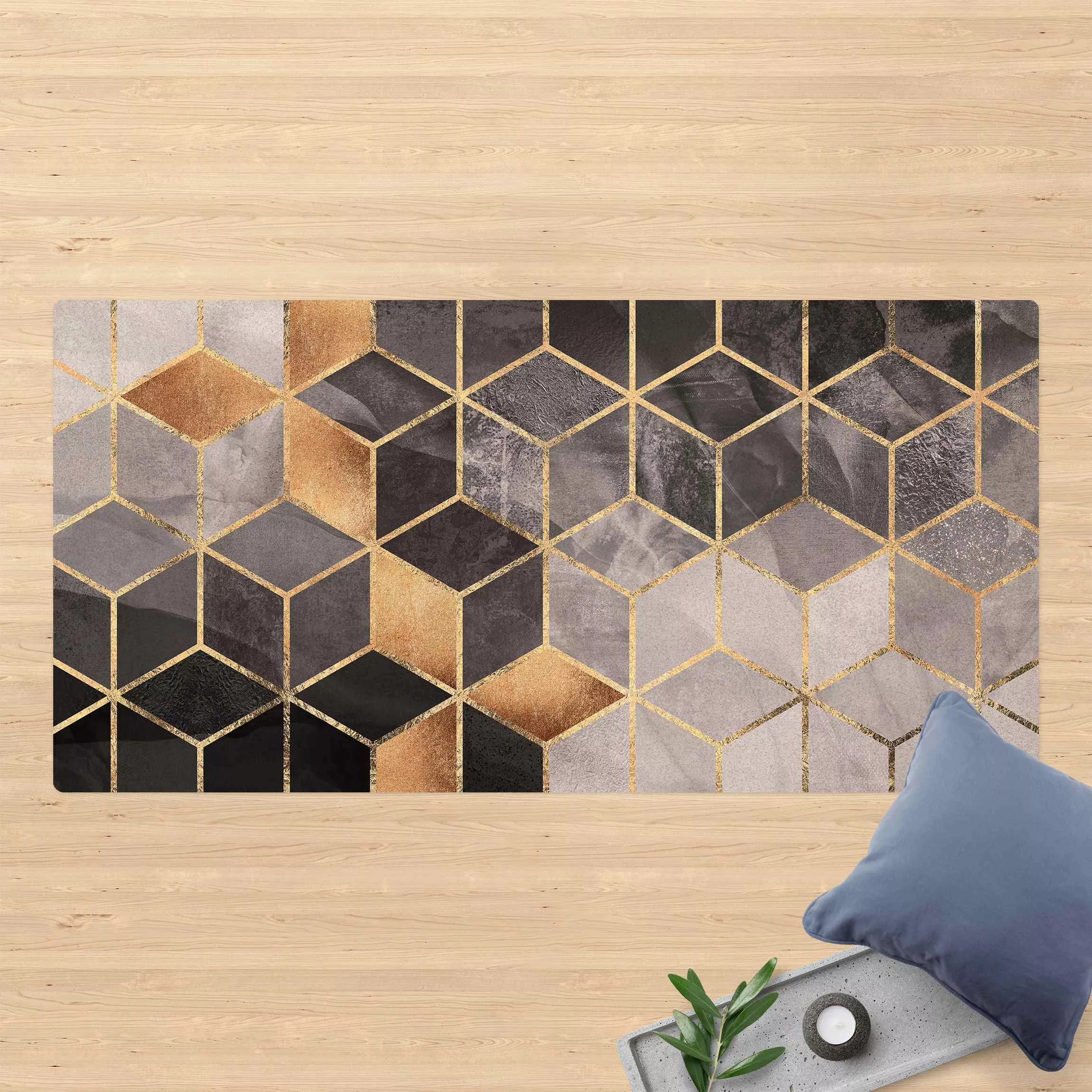 Kork-Teppich Schwarz Weiß goldene Geometrie günstig online kaufen