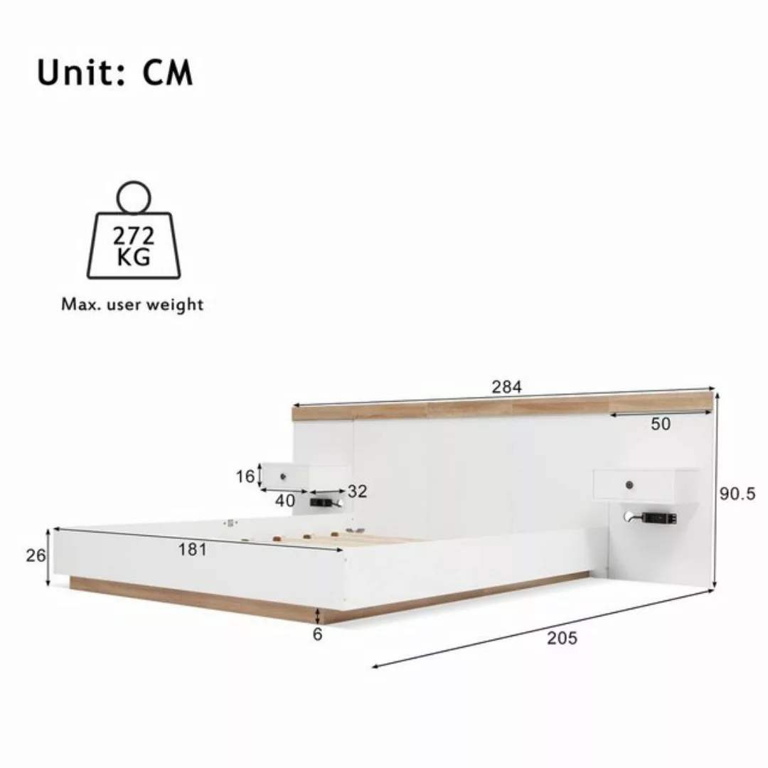 Flieks Massivholzbett, Kiefernholz Doppelbett 2 Nachttische mit LED und Ste günstig online kaufen