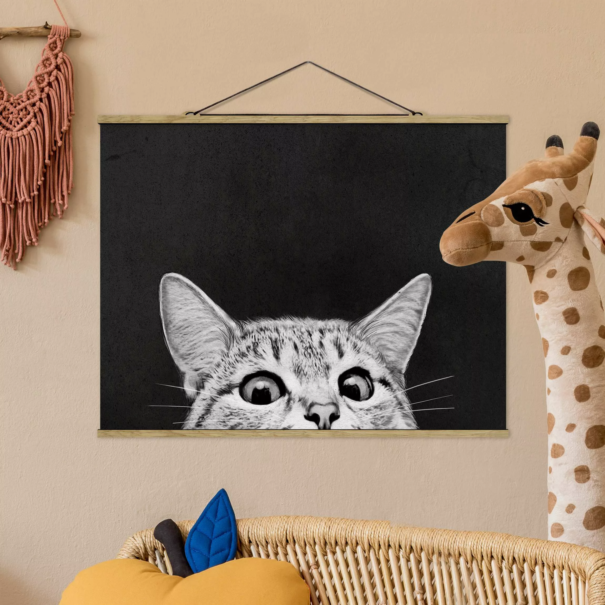 Stoffbild Tiere mit Posterleisten - Querformat Illustration Katze Schwarz W günstig online kaufen