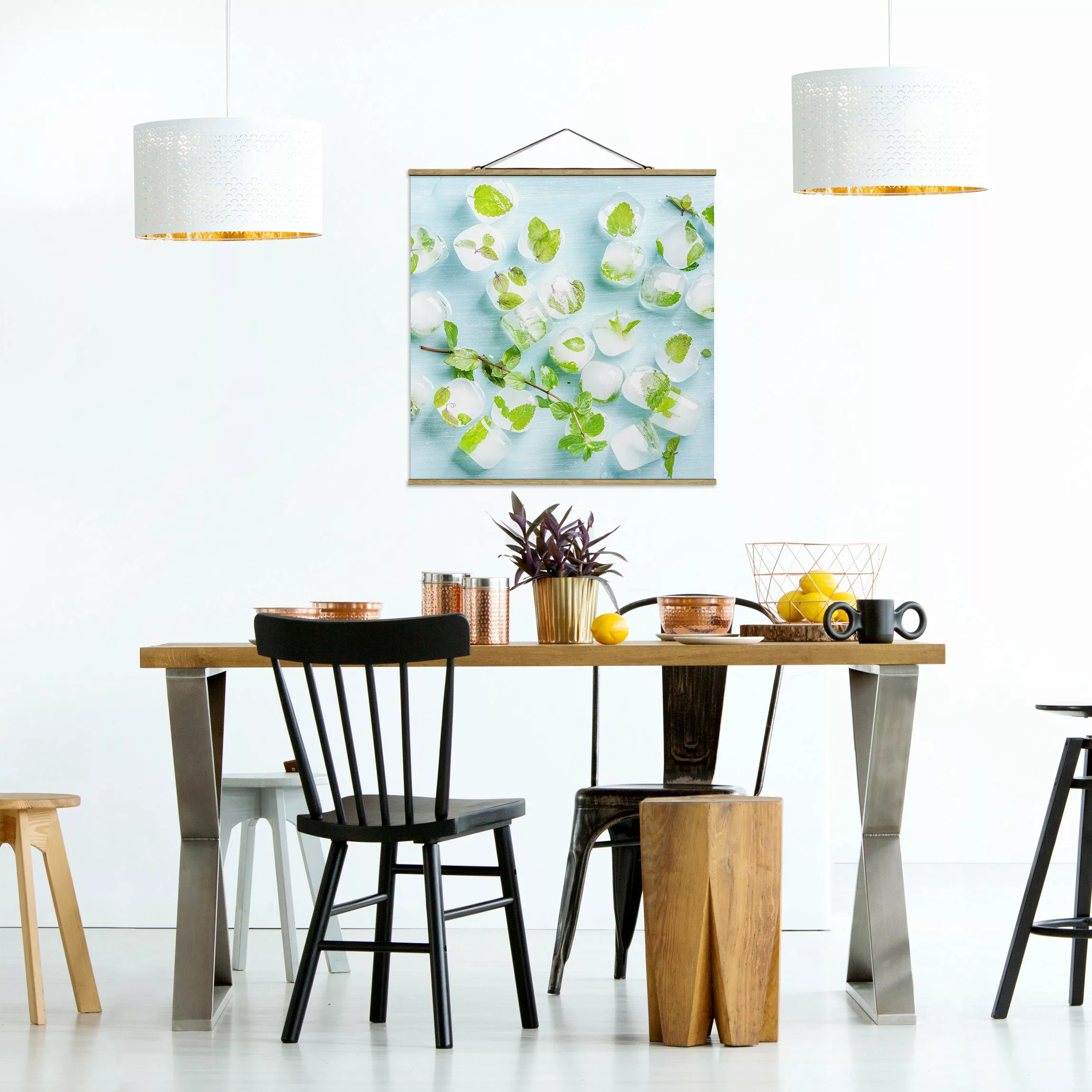 Stoffbild Küche mit Posterleisten - Quadrat Eiswürfel mit Minzblättern günstig online kaufen