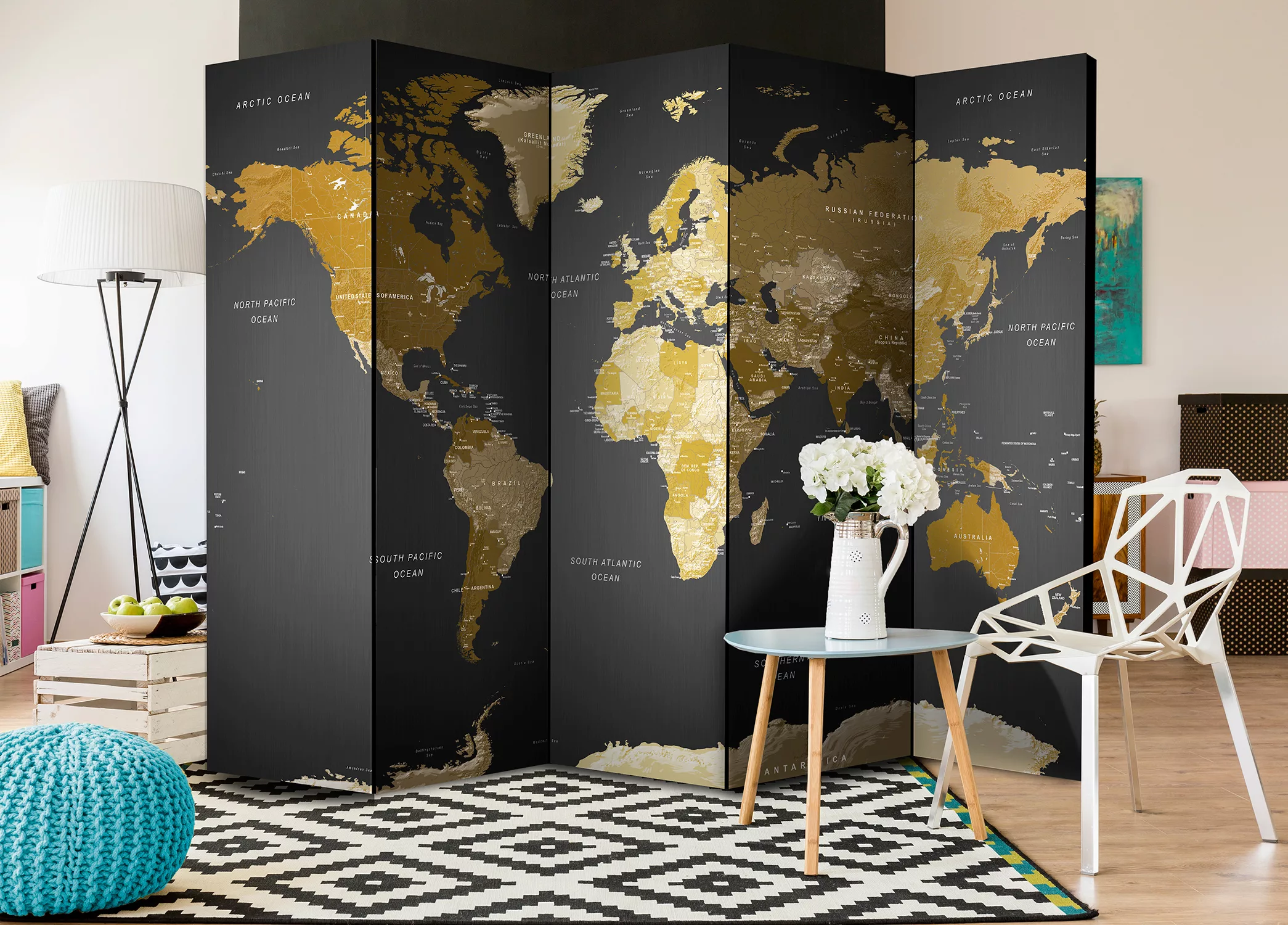 5-teiliges Paravent - Room Divider - World Map On Dark Background günstig online kaufen