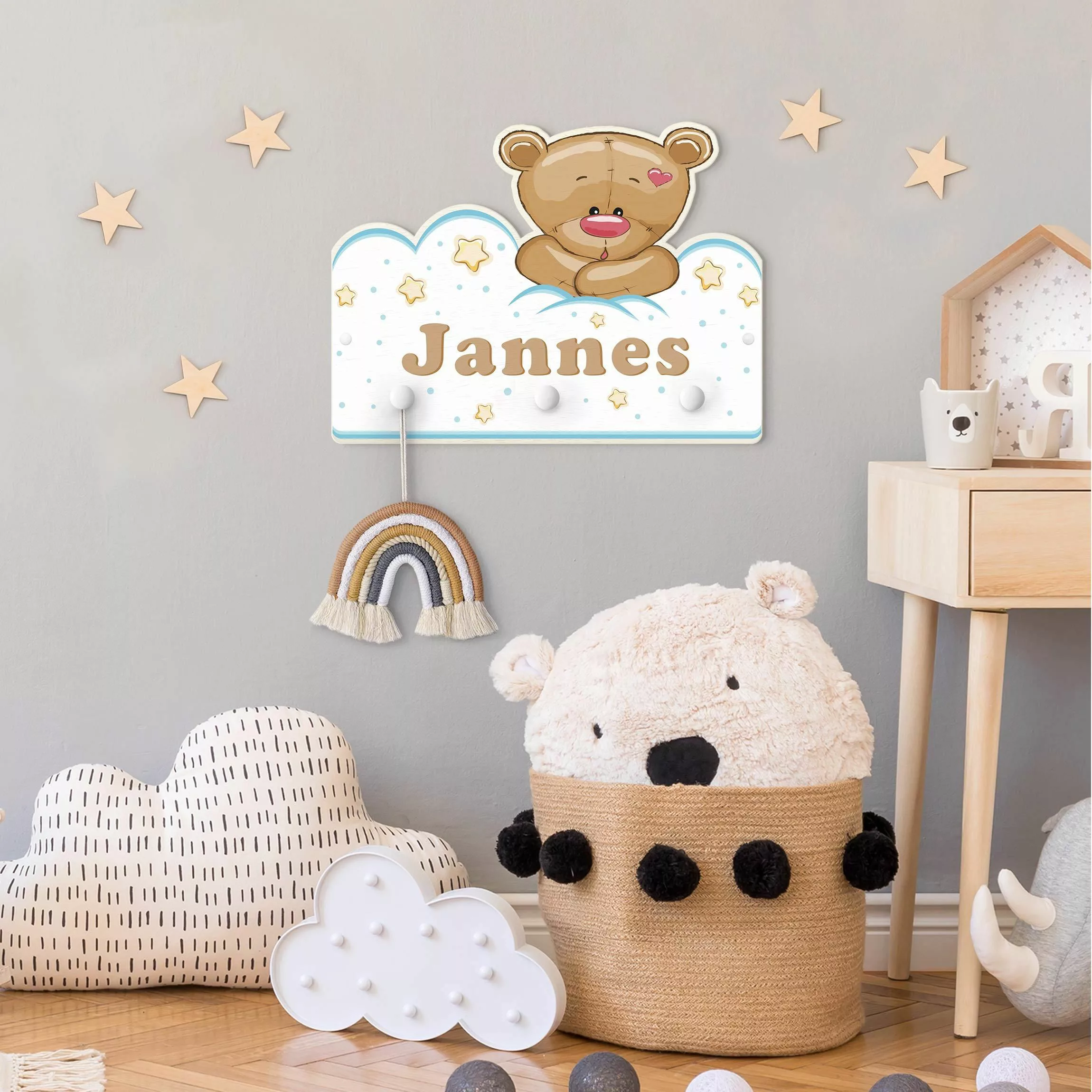 Kindergarderobe Holz mit Namen Wolken Teddy mit Wunschnamen günstig online kaufen