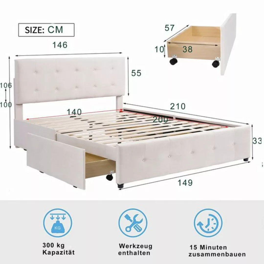 WISHDOR Polsterbett Doppelbett mit Schubladen, Lattenrost und Rückenlehne, günstig online kaufen