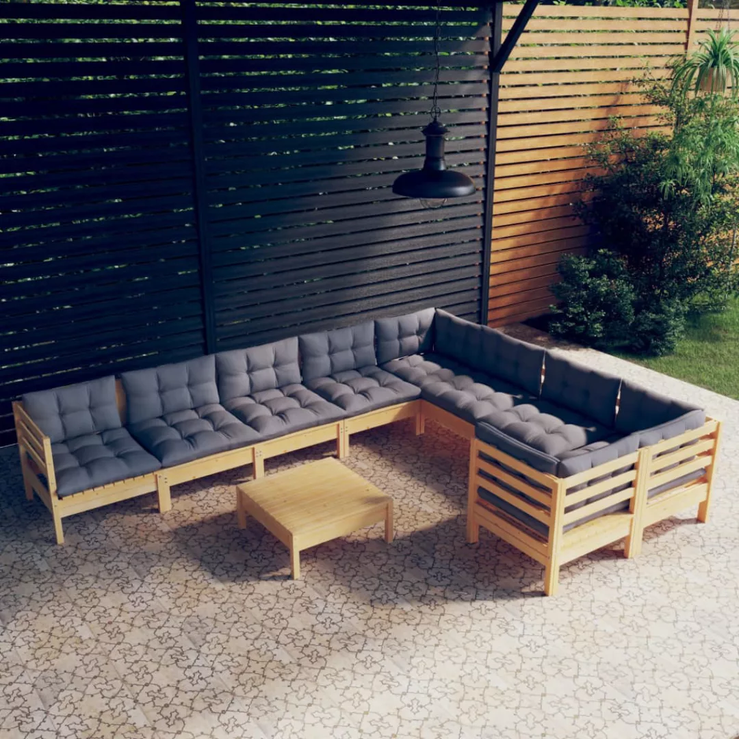 10-tlg. Garten-lounge-set Mit Grauen Kissen Kiefernholz günstig online kaufen