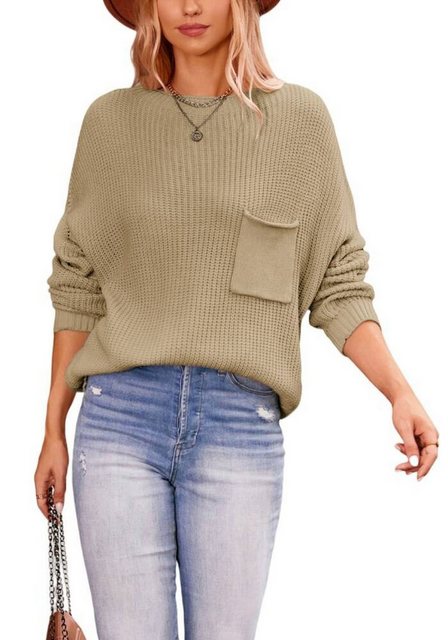 Nebelmeer Strickpullover Damen winter Kleidung reiner Farbe Tasche Rundhals günstig online kaufen