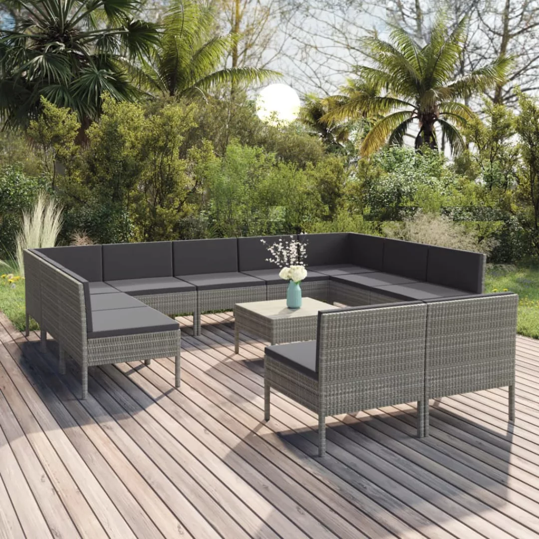 12-tlg. Garten-lounge-set Mit Auflagen Poly Rattan Grau günstig online kaufen