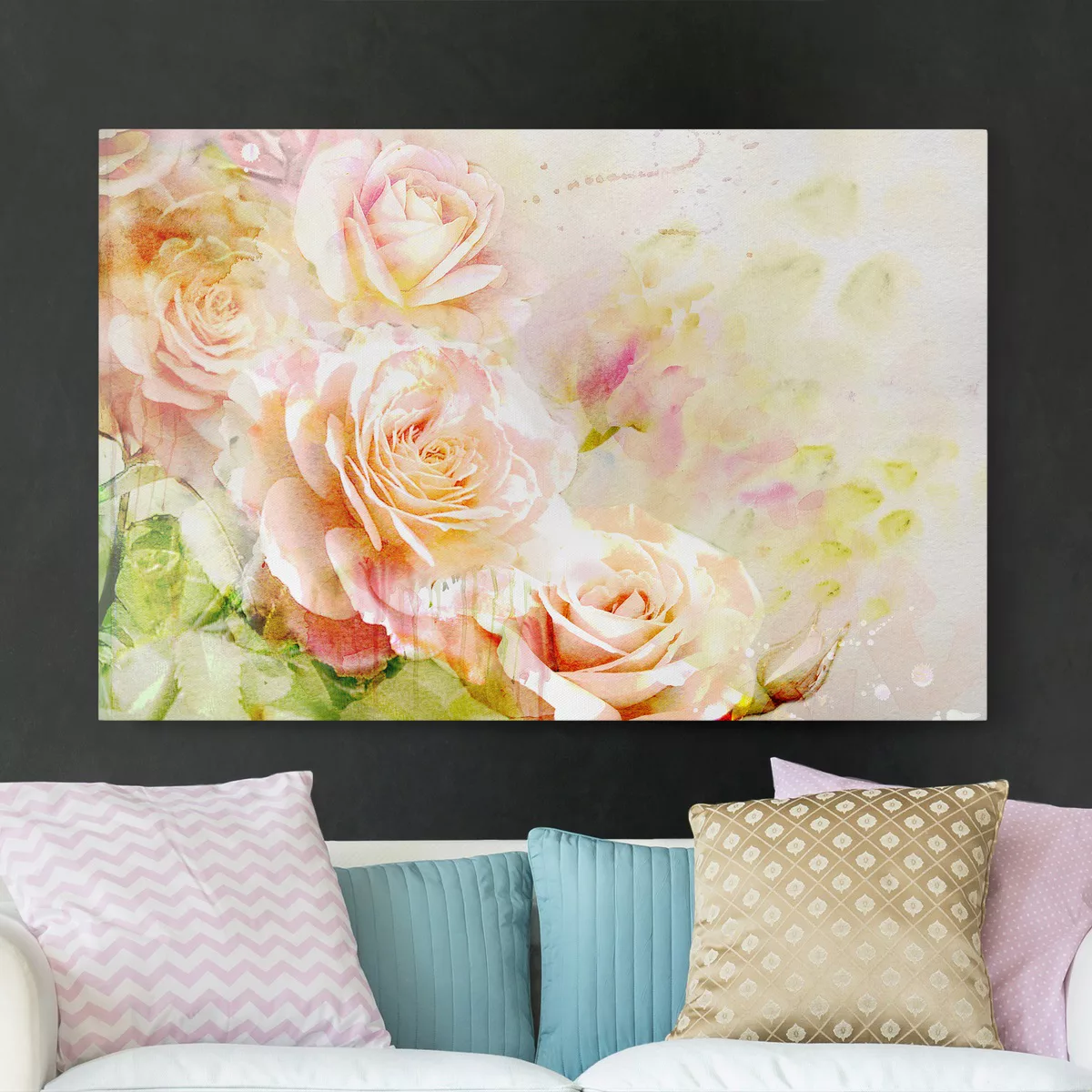 Leinwandbild Blumen - Querformat Aquarell Rosen Komposition günstig online kaufen