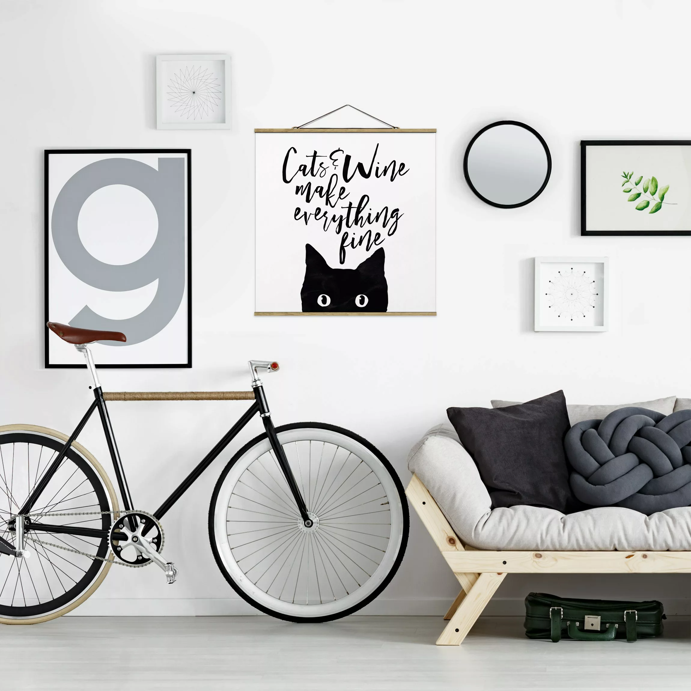 Stoffbild Spruch mit Posterleisten - Quadrat Cats and Wine make everything günstig online kaufen