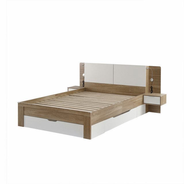 IDEASY Holzbett Doppelbett, Weiß und Eiche, mehrere Schubladen, 140 x 200 c günstig online kaufen