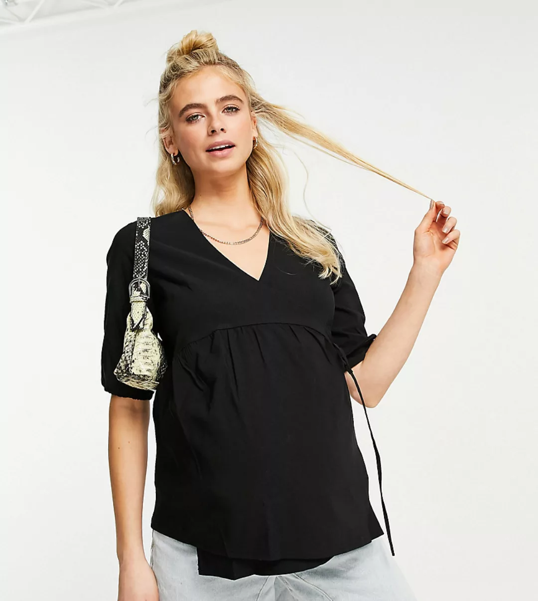 Topshop Maternity – Umstands-Wickelbluse aus schwarzem Bengalin günstig online kaufen