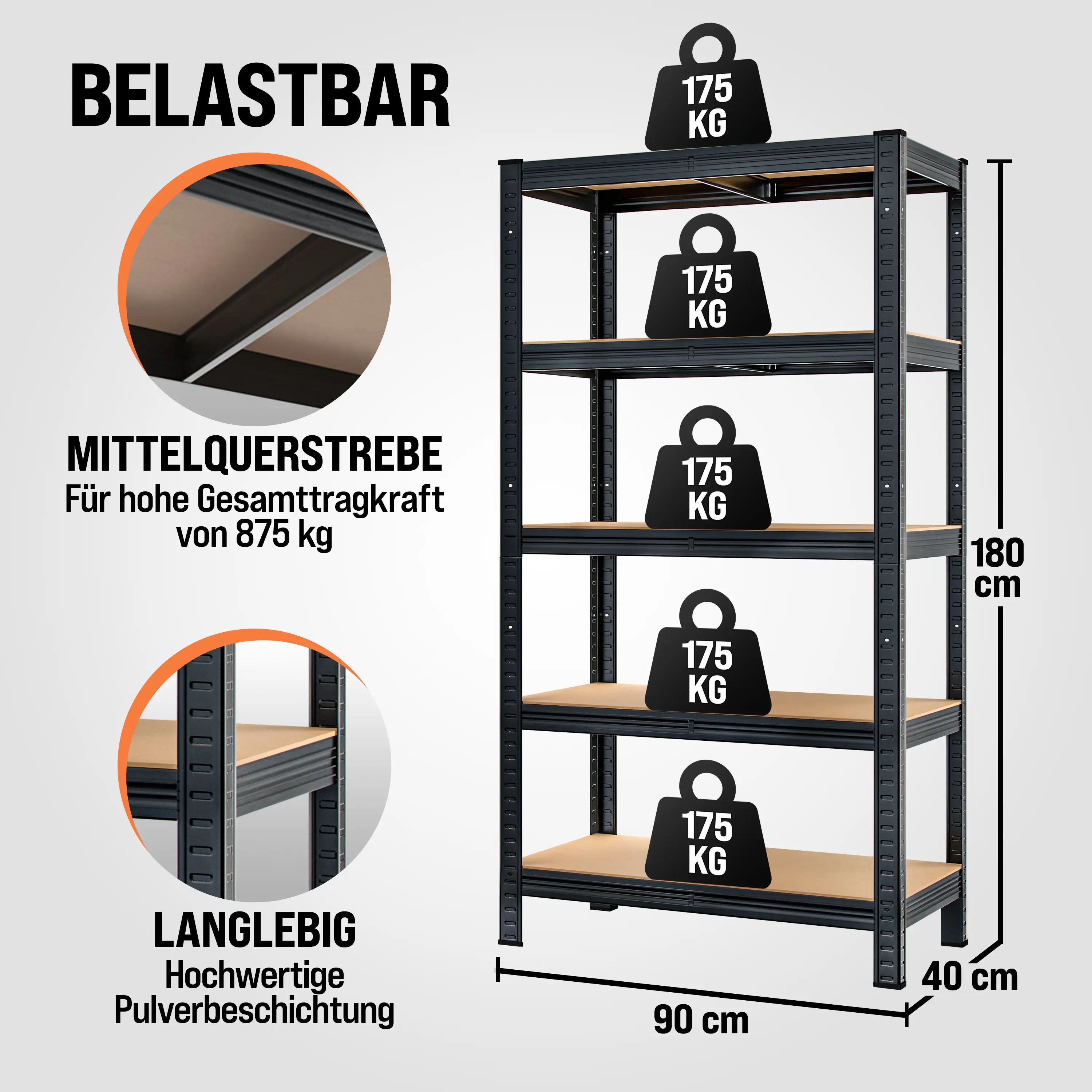 Schwerlastregal Schwarz 180x90x40cm pulverbeschichtet 875kg günstig online kaufen