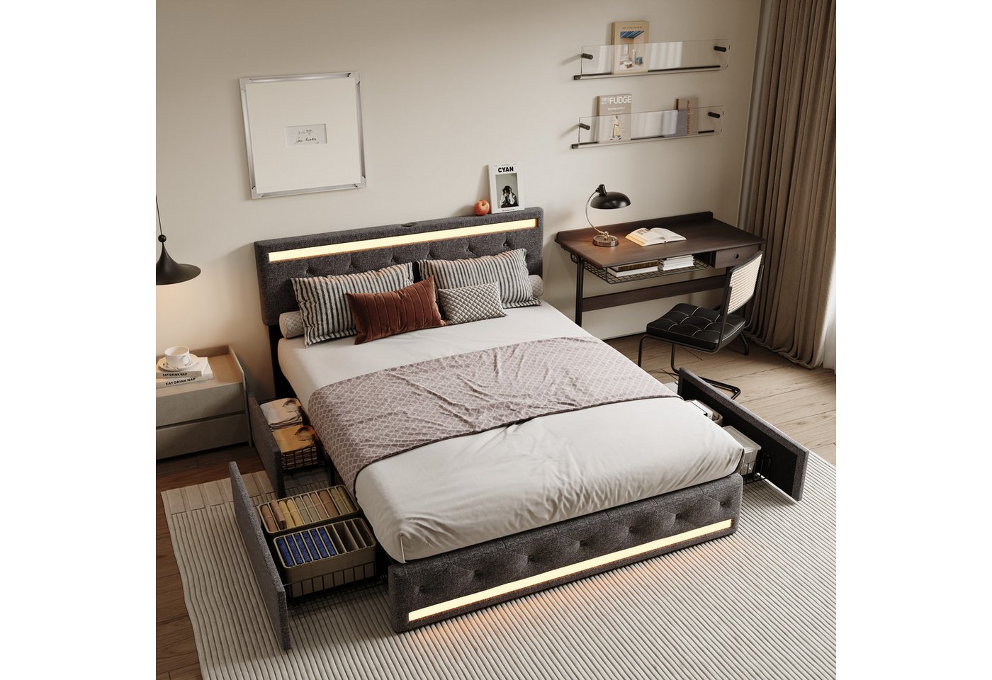 Furnishings Home Jugendbett Polsterbett Doppelbett Stauraumbett inkl. LED-L günstig online kaufen