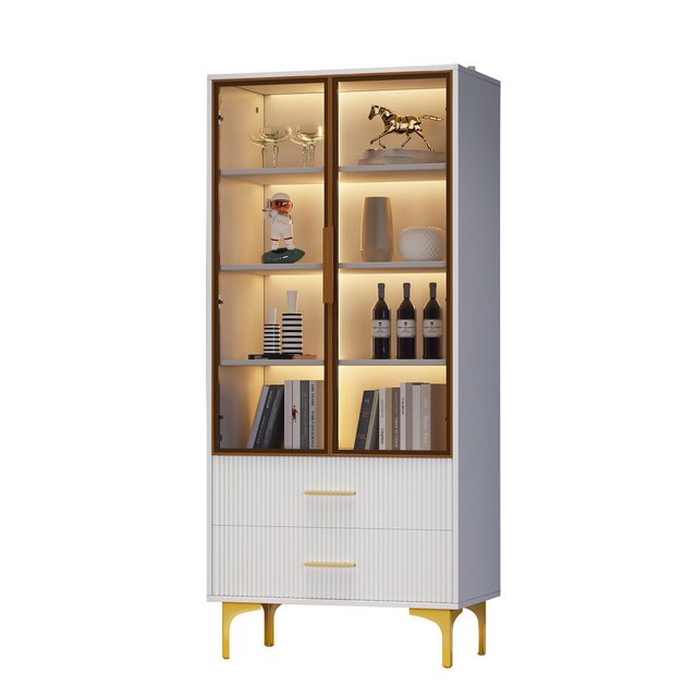 HAUSS SPLOE Vitrine 70x35x150cm mit LED-Licht, zwei Glastüren, goldene Bein günstig online kaufen