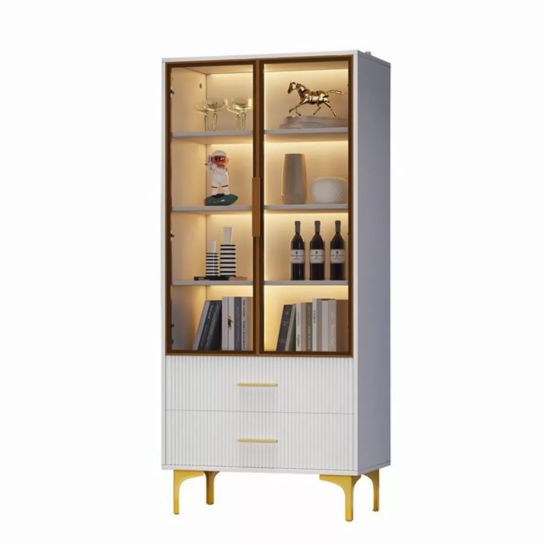 HAUSS SPLOE Vitrine 70x35x150cm mit LED-Licht, zwei Glastüren, goldene Bein günstig online kaufen