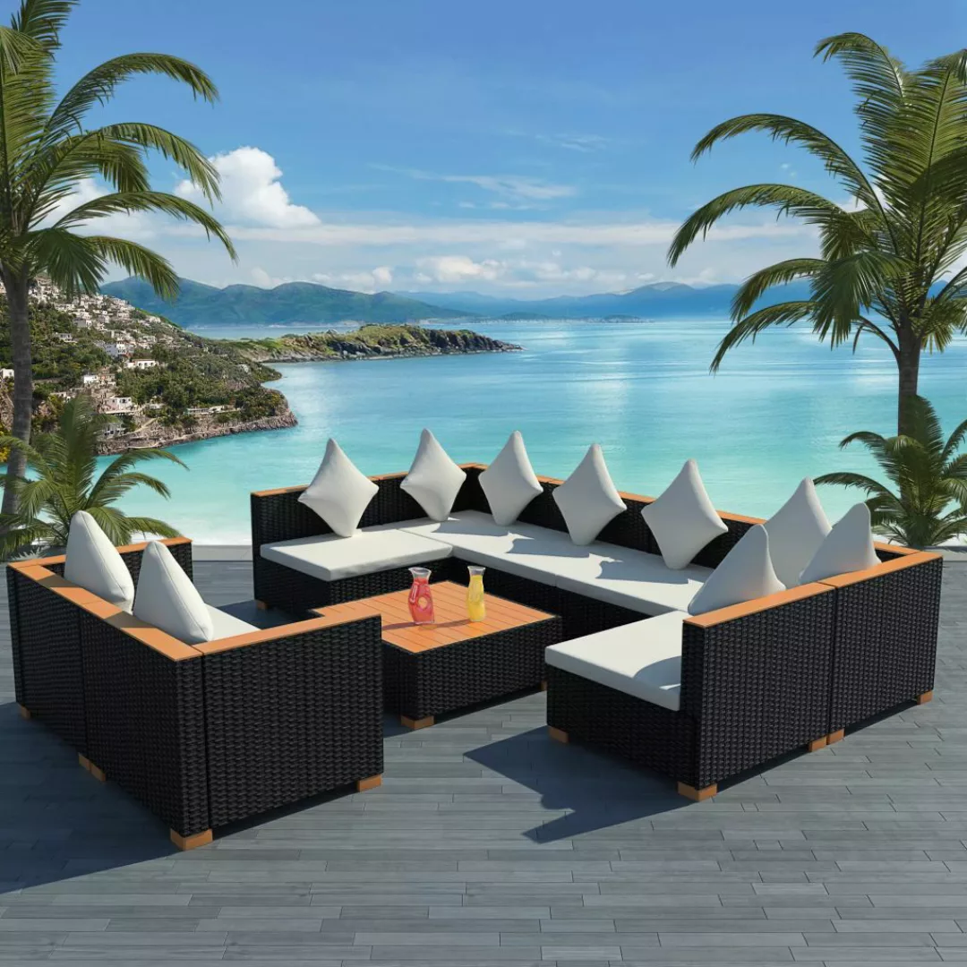 9-tlg. Garten-lounge-set Mit Auflagen Poly Rattan Schwarz günstig online kaufen