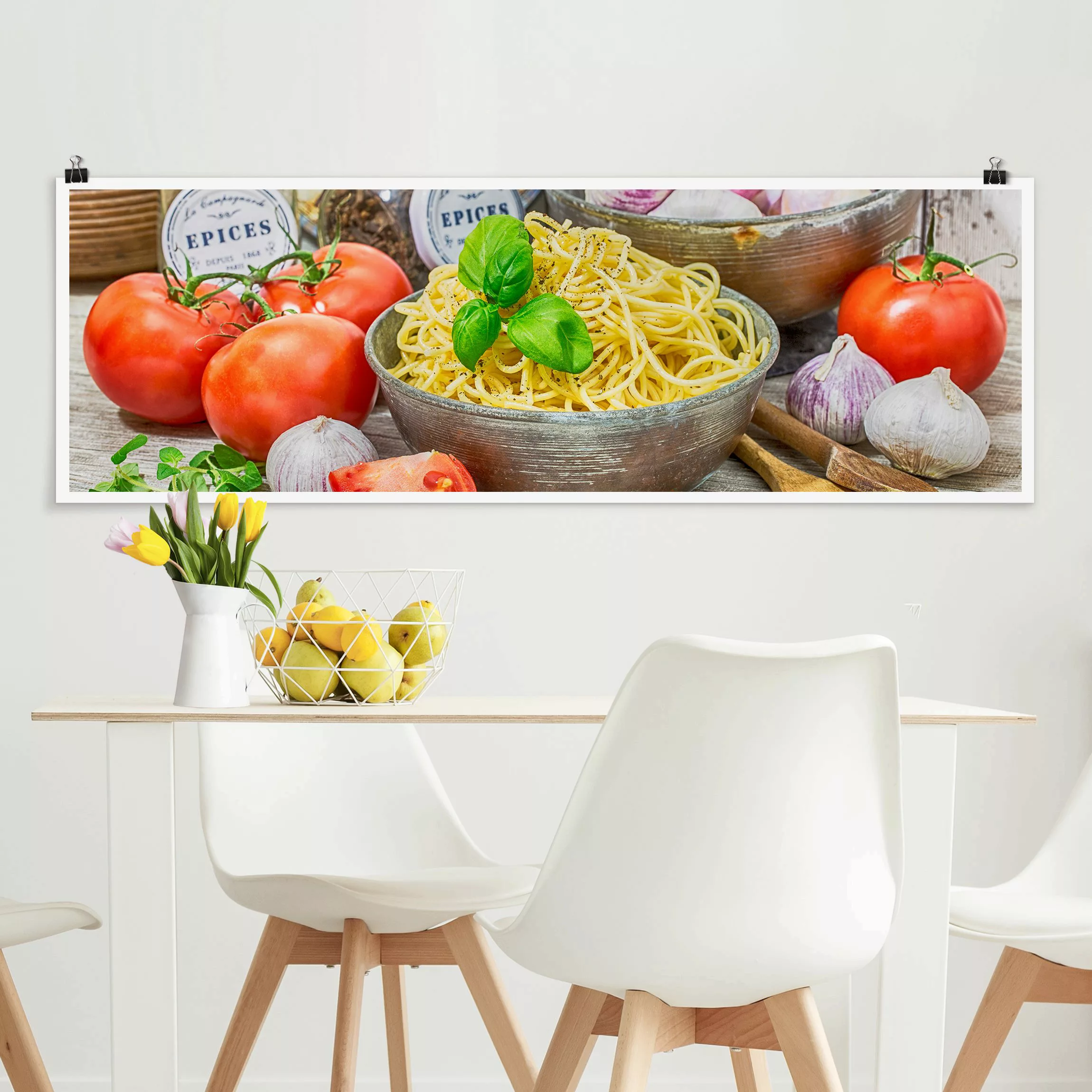 Poster Spagetthischale mit Basilikum günstig online kaufen