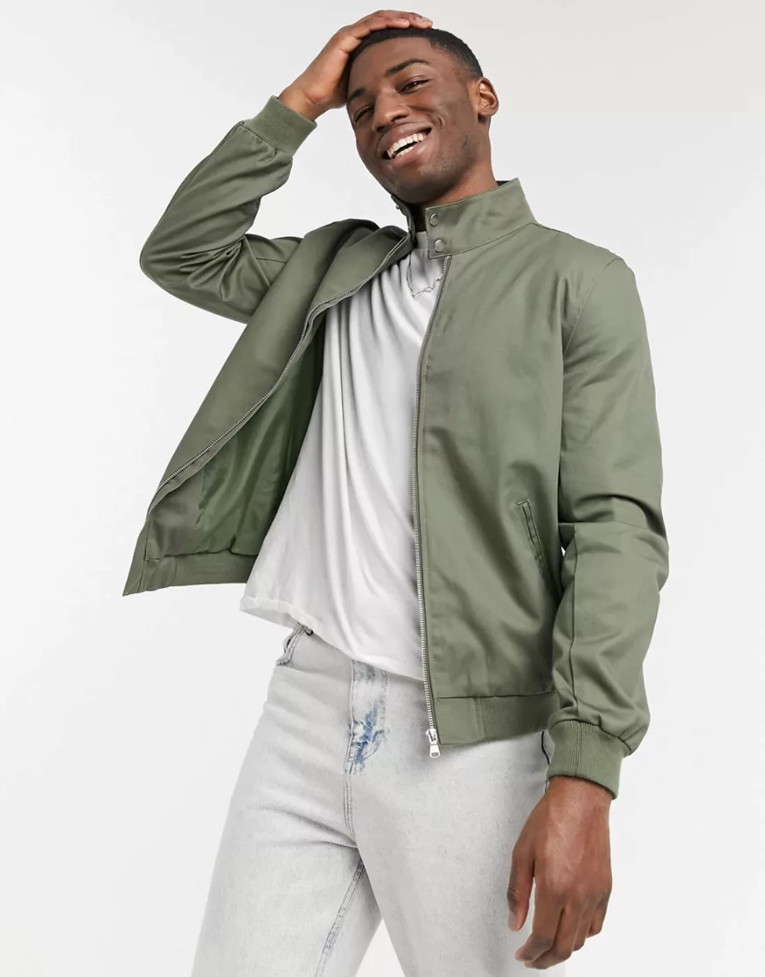 ASOS DESIGN – Harrington-Jacke mit Stehkragen in Khaki-Grün günstig online kaufen