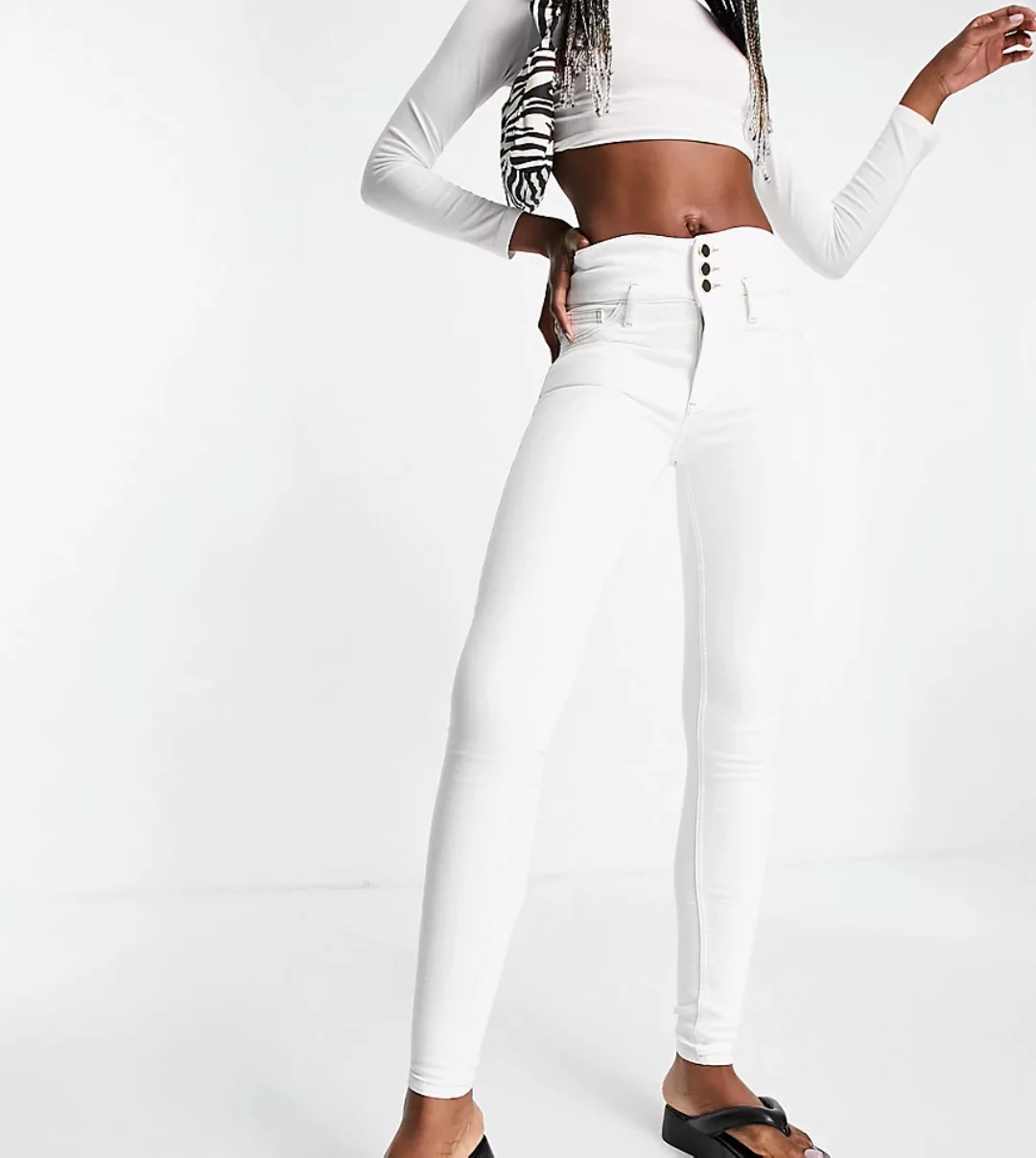 River Island Tall – Enge Jeans in Weiß mit hohem Bund und Knopfleiste vorne günstig online kaufen