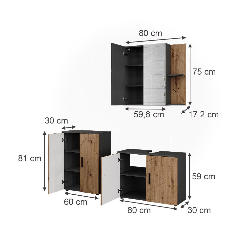 Vicco Badmöbel-Set Irma, Anthrazit/Artisan, 3 Teile, günstig online kaufen
